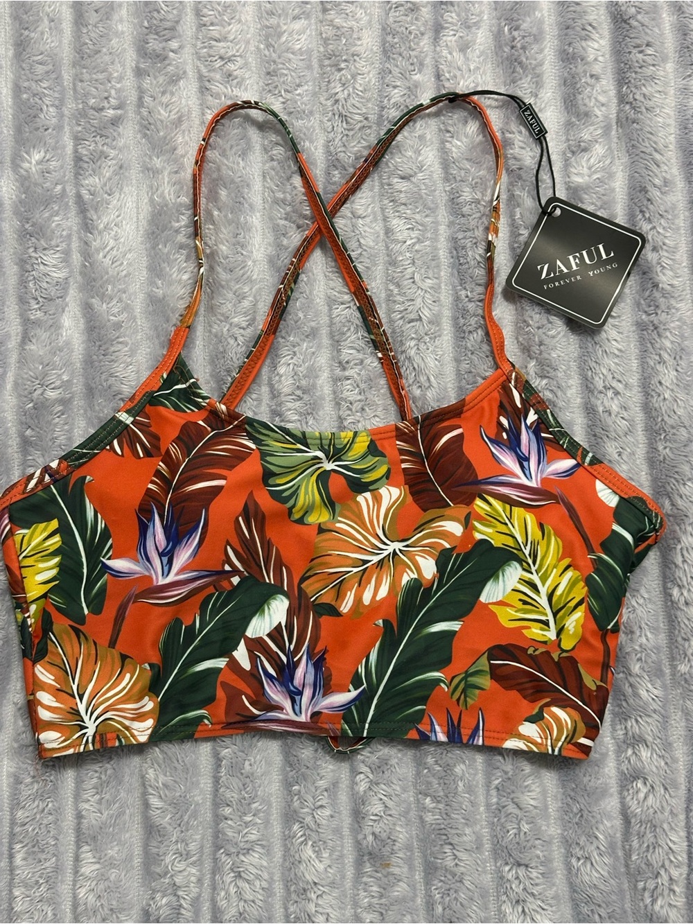ZAFUL Tropical Floral Bikini Top — Orange, Green & White — Size S — NWT